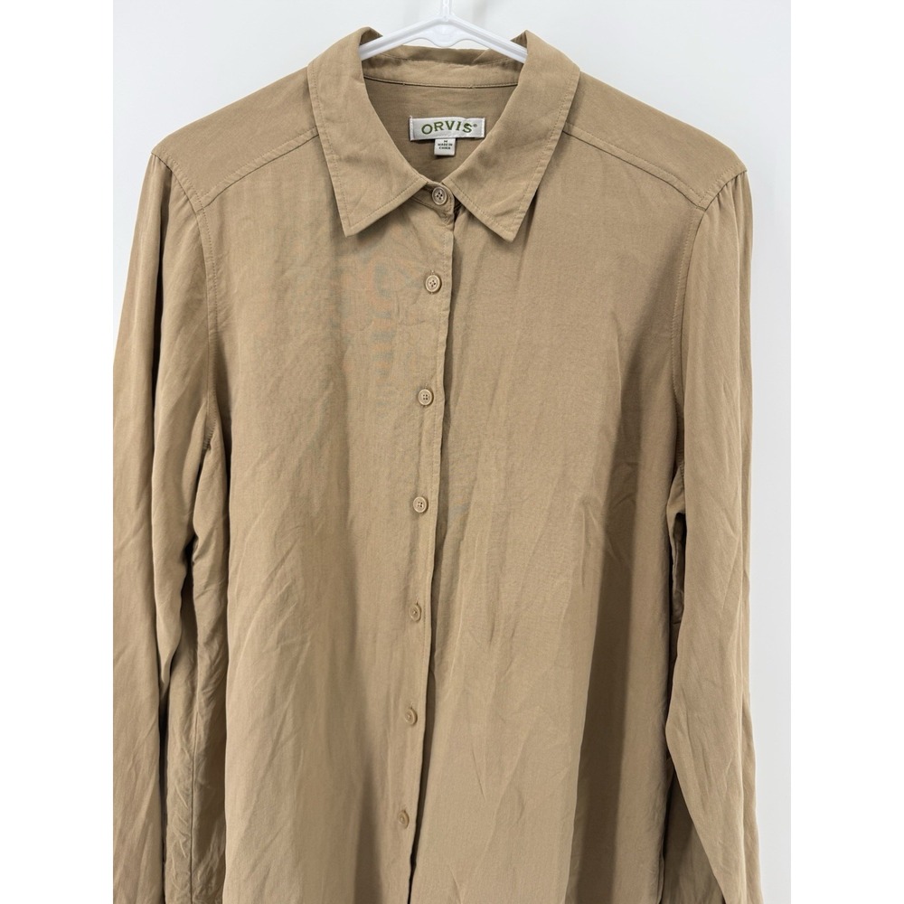ORVIS Women's Tan Long Sleeve Button Up Shirt Casual Silk Quiet Lxury Sz Medium - Picture 2 of 7